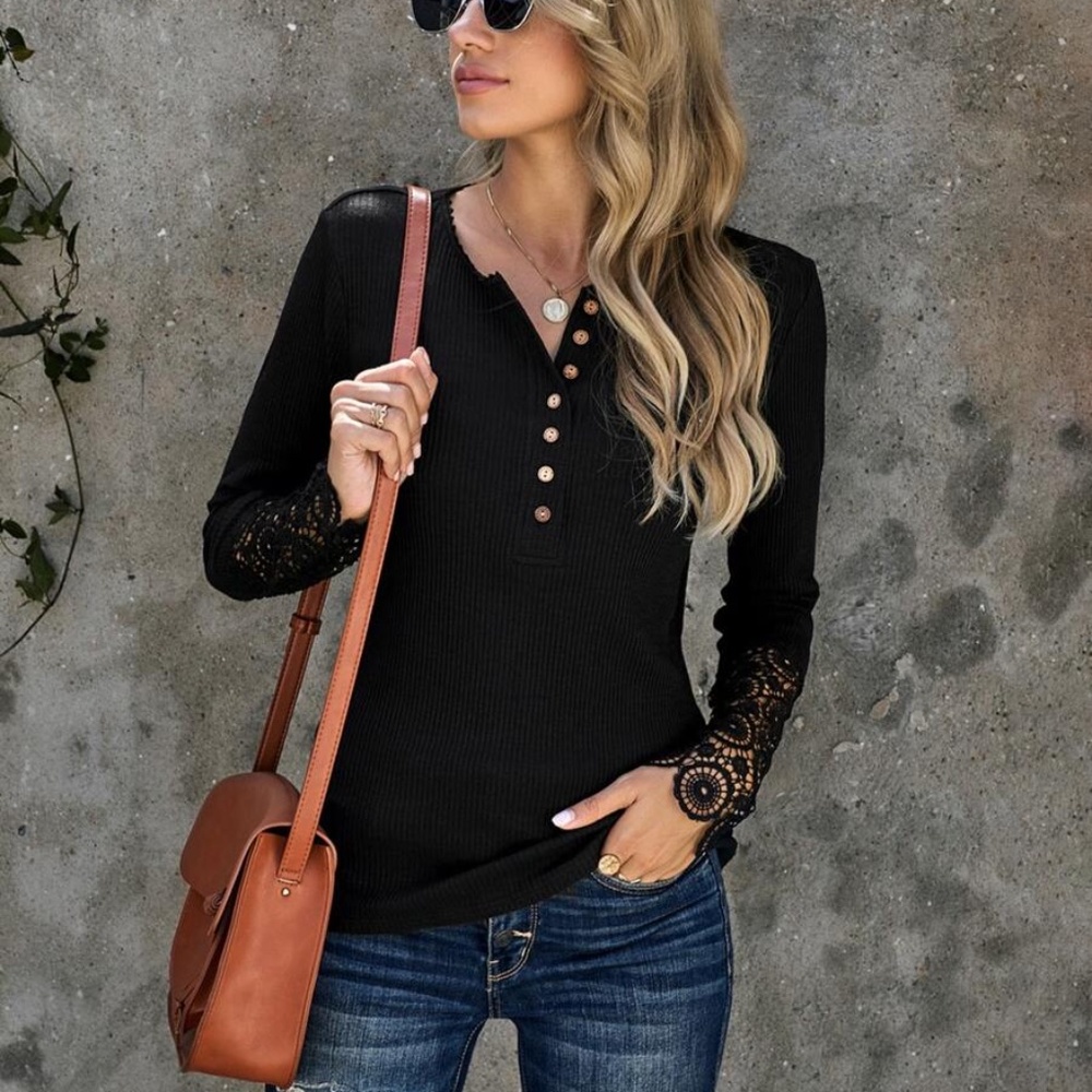 Button up lace long sleeve ribbed top black - Picture 8 of 12